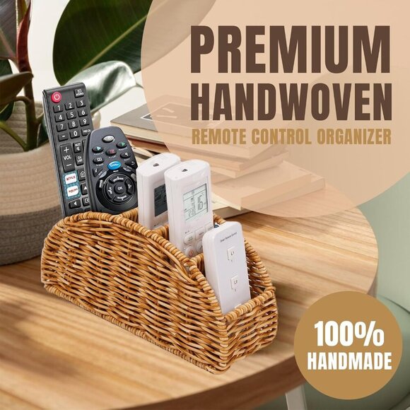 5-Compartment Remote Control Holder – Synthetic Rattan Organizer for TV Remotes, - Picture 4 of 8